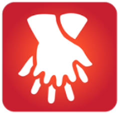 Graphic icon of overlapped hands as used during chest compressions.